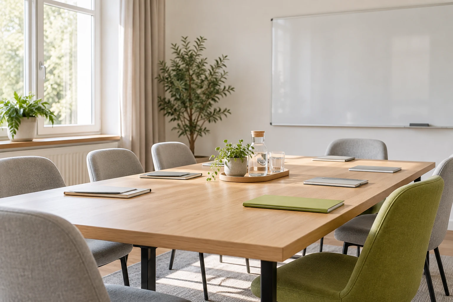 KI-generiertes Symbolbild: heller Seminarraum mit Holztisch, Notizbüchern und dezenten grünen Akzenten